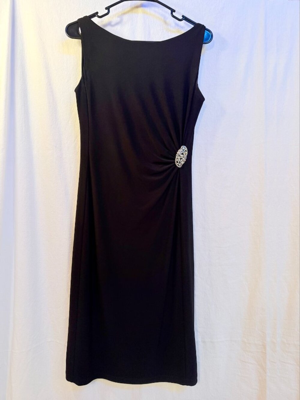 Chaps Little Black Dress | Classic Sheath with Rhinestone Brooch Accent | Size S